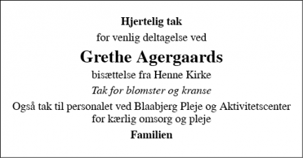 Dødsannoncen for Grethe Agergaard - Henne