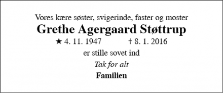 Dødsannoncen for Grethe Agergaard Støttrup - 7760