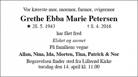 Dødsannoncen for Grethe Ebba Marie Petersen - Allerød