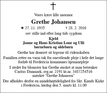 Dødsannoncen for Grethe Johansen - Fredericia