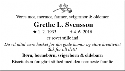 Dødsannoncen for Grethe L. Svensson - Præstø