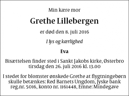 Dødsannoncen for Grethe Lillebergen  - København 