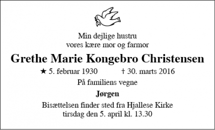 Dødsannoncen for Grethe Marie Kongebro Christensen - Tommerup