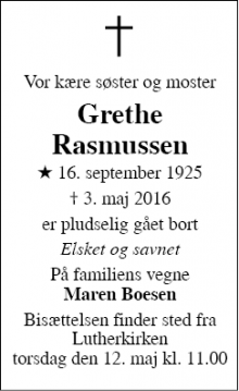 Dødsannoncen for Grethe Rasmussen  - København Ø
