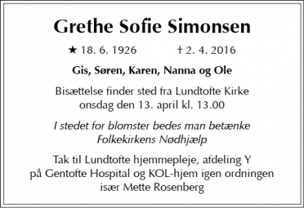 Dødsannoncen for Grethe Sofie Simonsen - Kongen Lyngby
