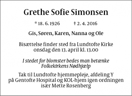 Dødsannoncen for Grethe Sofie Simonsen - Kongen Lyngby