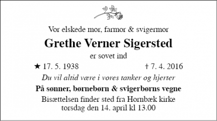 Dødsannoncen for Grethe Verner Sigersted - Helsingør