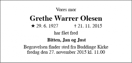 Dødsannoncen for Grethe Warrer Olesen - Hellerup