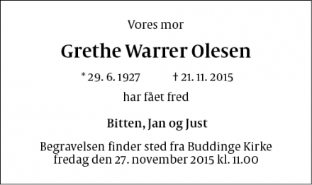 Dødsannoncen for Grethe Warrer Olesen - Hellerup