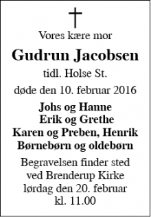 Dødsannoncen for Gudrun Jacobsen - Brenderup