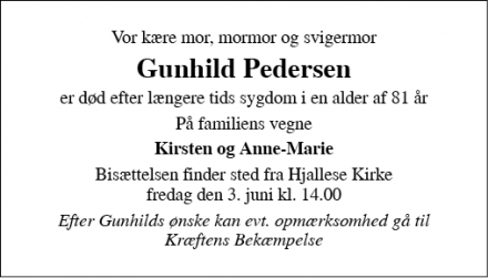 Dødsannoncen for Gunhild Pedersen - Hedensted