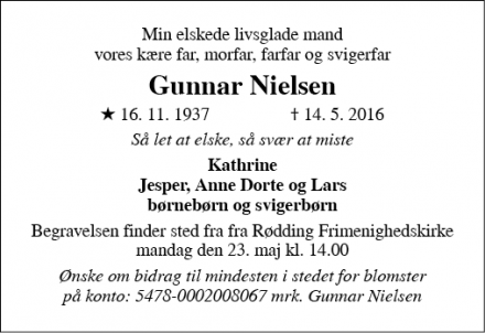 Dødsannoncen for Gunnar Nielsen - Fæsted, Rødding