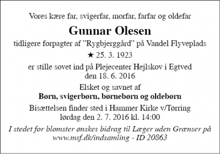 Dødsannoncen for Gunnar Olesen - Egtved