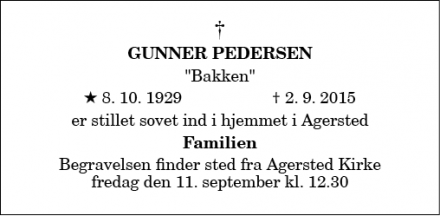 Dødsannoncen for Gunner Pedersen - Agersted