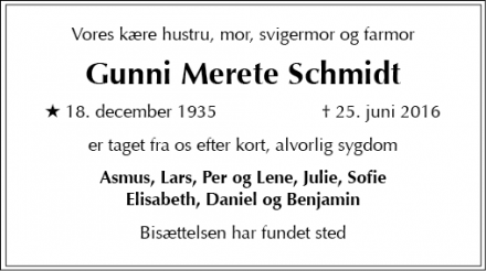 Dødsannoncen for Gunni Merete Schmidt - Gentofte