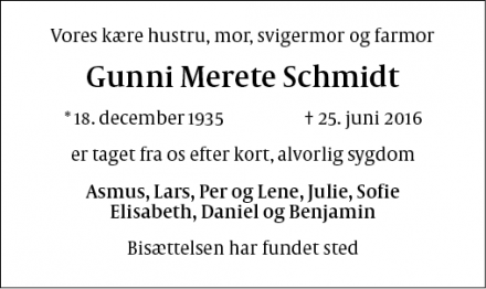 Dødsannoncen for Gunni Merete Schmidt - Gentofte