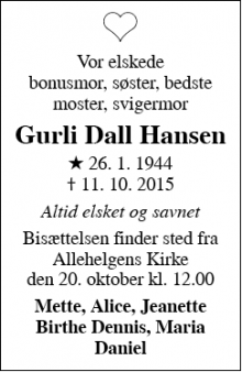 Dødsannoncen for Gurli Dall Hansen - København S