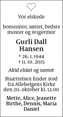 Dødsannoncen for Gurli Dall Hansen - København S