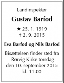 Dødsannoncen for Gustav Barfod - Rørvig