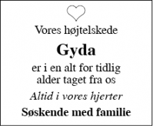 Dødsannoncen for Gyda - Over Jerstal