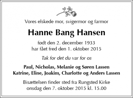 Dødsannoncen for Hanne Bang Hansen - Hørsholm