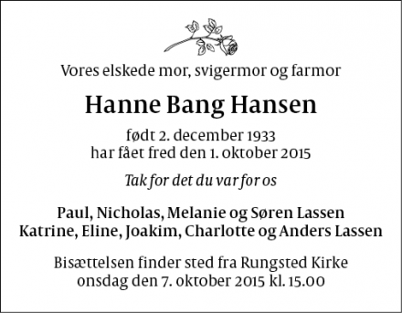 Dødsannoncen for Hanne Bang Hansen - Hørsholm