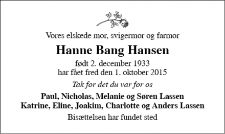 Dødsannoncen for Hanne Bang Hansen - Hørsholm