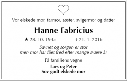 Dødsannoncen for Hanne Fabricius - København