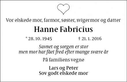 Dødsannoncen for Hanne Fabricius - København