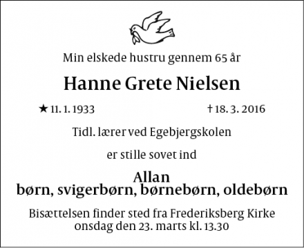 Dødsannoncen for Hanne Grete Nielsen - København 