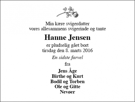 Dødsannoncen for Hanne Jensen - Holstebro
