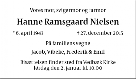 Dødsannoncen for Hanne Ramsgaard Nielsen - Vedbæk