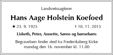 Dødsannoncen for Hans Aage Holstein Koefoed - Hellerup