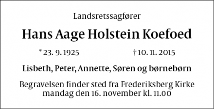 Dødsannoncen for Hans Aage Holstein Koefoed - Hellerup