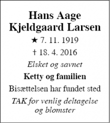 Dødsannoncen for Hans Aage Kjeldgaard Larsen  - København s