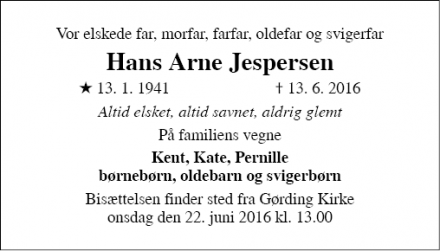 Dødsannoncen for Hans Arne Jespersen - Lunderskov