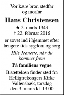 Dødsannoncen for Hans Christensen - Vallensbæk
