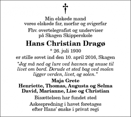 Dødsannoncen for Hans Christian Dragø - Skagen