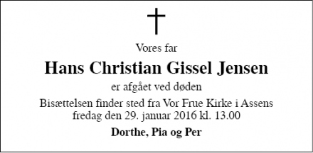 Dødsannoncen for Hans Christian Gissel Jensen - Assens