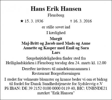 Dødsannoncen for Hans Erik Hansen - Flensborg