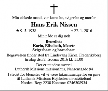 Dødsannoncen for Hans Erik Nissen - Frederiksberg