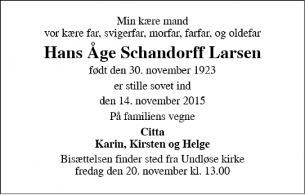 Dødsannoncen for Hans Åge Schandorff Larsen - Ugerløse
