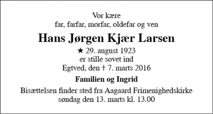 Dødsannoncen for Hans Jørgen Kjær Larsen - Egtved - Lejrskov - Jordrup
