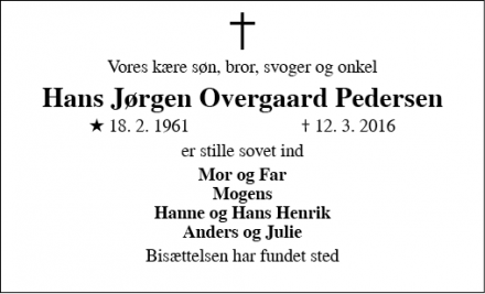 Dødsannoncen for Hans Jørgen Overgaard Pedersen - Holstebro