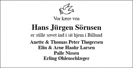 Dødsannoncen for Hans Jürgen Sörnsen - Billund