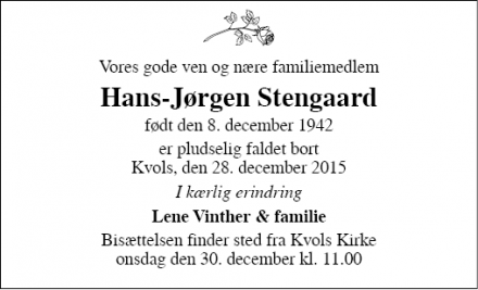 Dødsannoncen for Hans-Jørgen Stengaard - Kvols