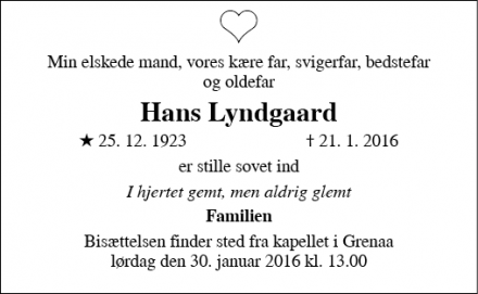 Dødsannoncen for Hans Lyndgaard - Roust 