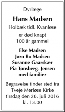 Dødsannoncen for Hans Madsen - Holbæk