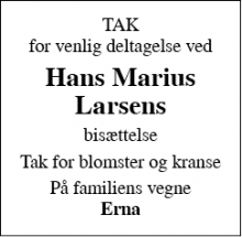 Dødsannoncen for Hans Marius Larsen - Avnbøl 6400 Sønderborg