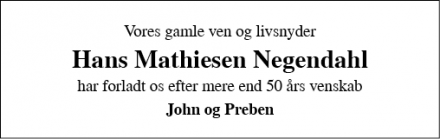 Dødsannoncen for Hans Mathiesen Negendahl - Sønderborg